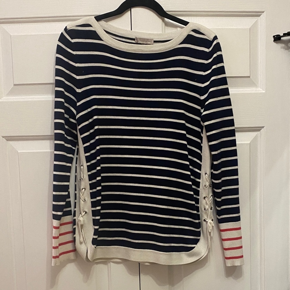 Dressbarn Striped Navy and Cream Sweater with Red Accents
